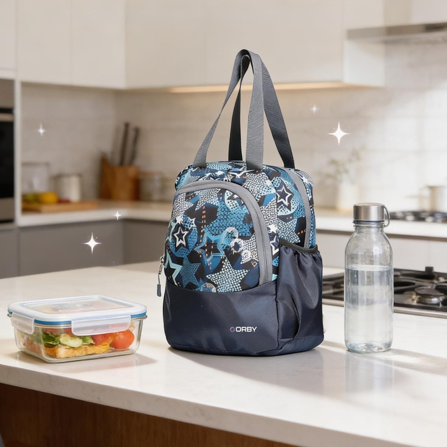 ORBY Lunch Bag Star Navy Blue | Water-Repellent Durable Fabric | Tiffin Bag with Bottle Holder & Front Pocket | Strong Zipper & Spacious Meal Storage (Star Pattern, Navy Blue)
