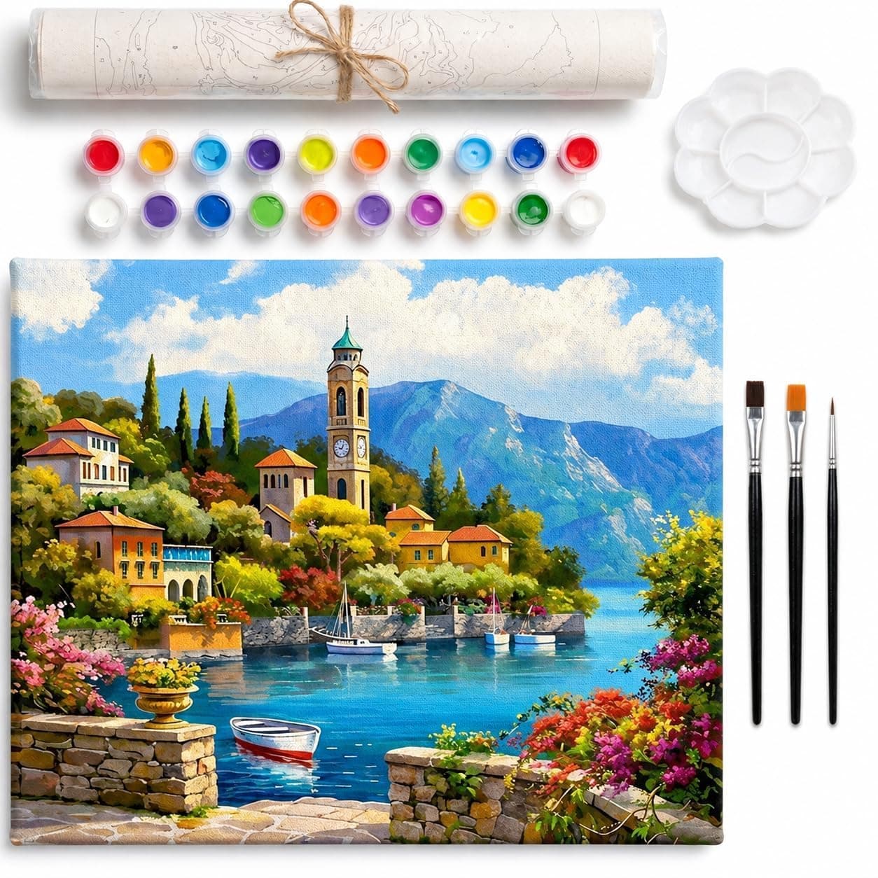 cairnsage Paint by Numbers for Adults Beginners – DIY Acrylic Painting Canvas Set with 20 Colours, 3 Brushes & Palette, Lakeside Landscape Art Therapy Kit, Unframed