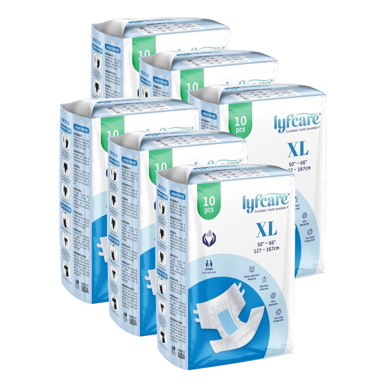 Lyfcare Open Tape Adult Diaper Extra Large (XL) - 60 Units (Pack of 6) | Unisex Diapers Open Tape Style | Waist (127-167 cm) | Wetness Indicator, Super absorb, 360° Protection & 0% Leakage - Unisex