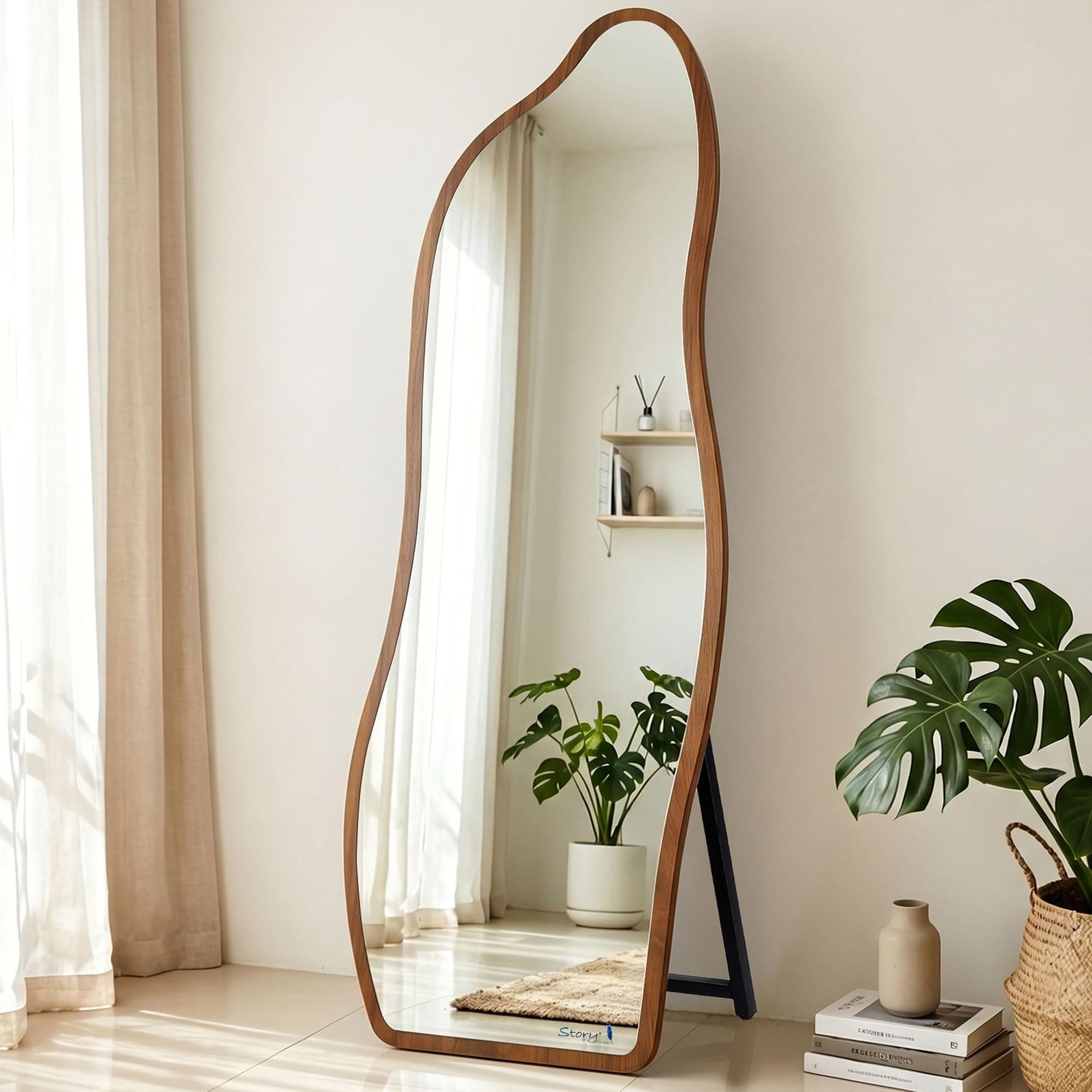 Story@Home Asymmetrical Mirror 5.25 Feet | Wooden Mirror Full-Length | Aesthetic Standing Mirror for Bedroom, Home Decor Wall Mounted for Bedroom Living-Room - Walnut