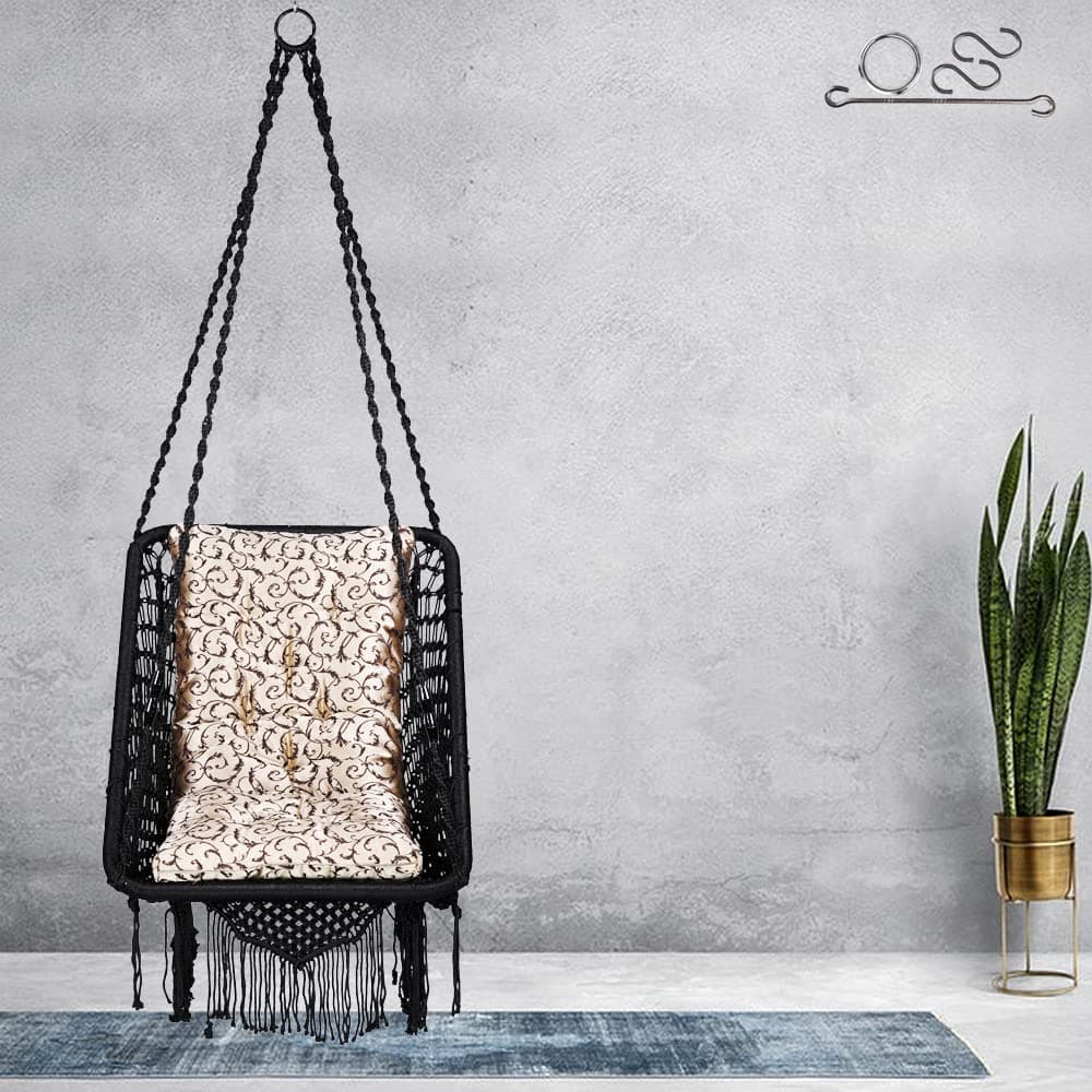 Patiofy Premium Swing for Adults/Swing for Balcony/Jhula for Adults/Hammock Hanging Swing Chair for Home, Garden/Includes Golden Cushion & Hanging Kit/ 150Kg Capacity-Black