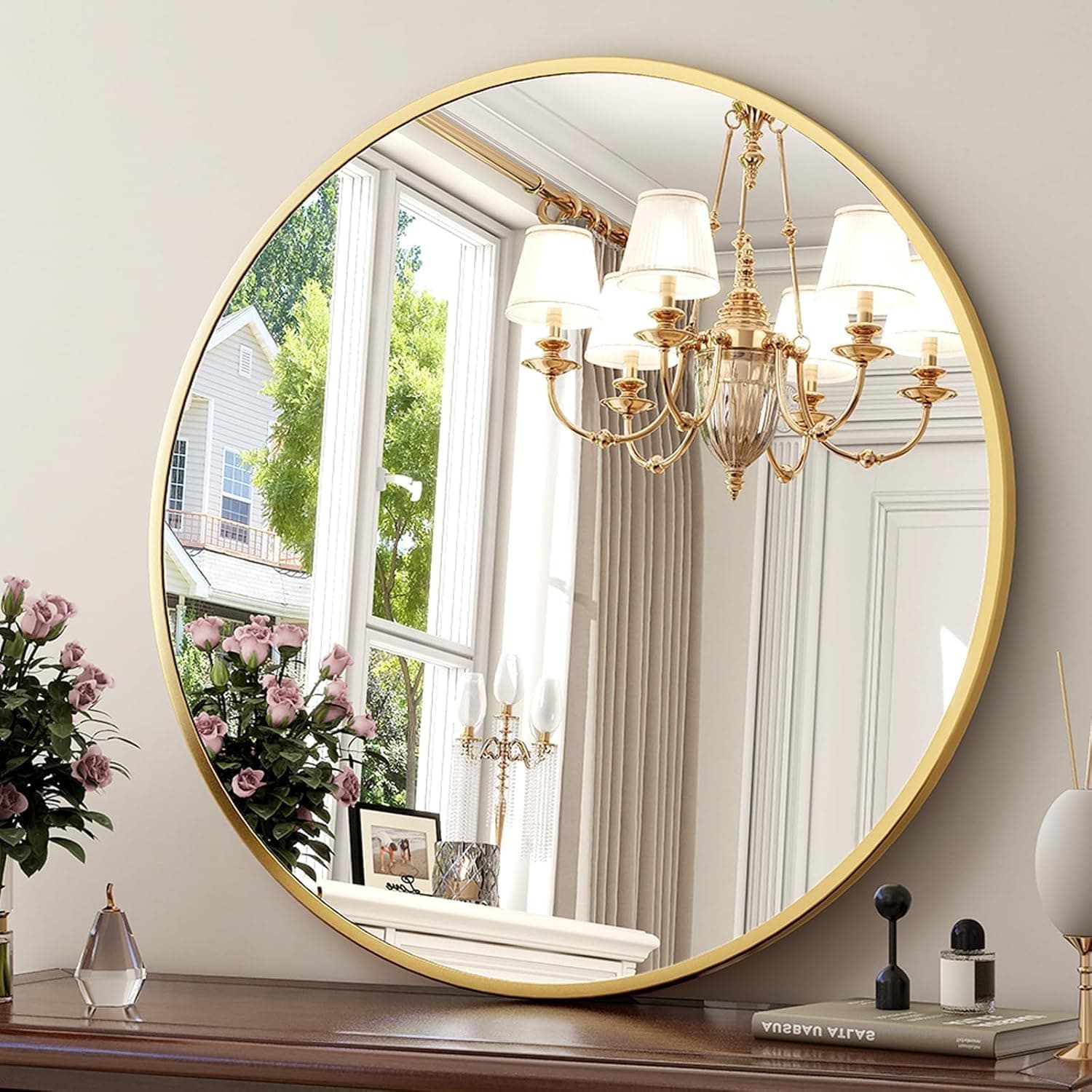 The Arts Box Gold Round Wall Mirror 24 Inch | Aesthetic Round Mirror for Living Room, Brass Frame Mirror for Bathroom, Mirror for Washbasin, Decorative Round Mirror for Bedroom & Décor