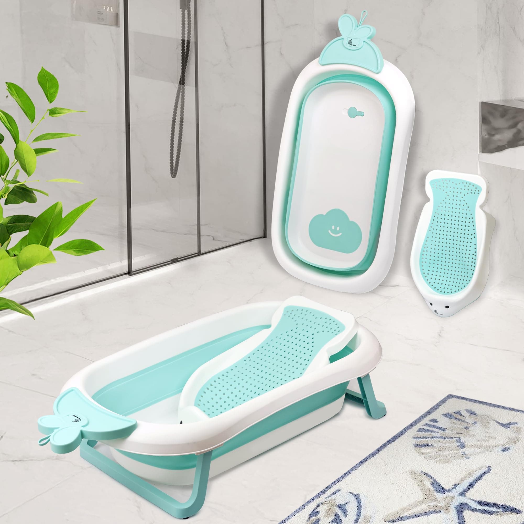 R for Rabbit Bubble Double Bunny Bath Tub Convertible Safe Ergonomic Detachable TPE Sling Foldable Travel-Friendly Weight Up to 20 kg 0-3 Years Baby Girls Boys Kids Bather Bathtub (Lake Blue)