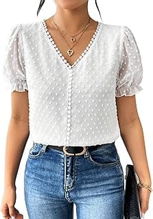 Shasmi Women's Elegant French Textured Fabric Solid Color Lace Panel V-Neck Jacquard Blouse,Short Puff Sleeve Tops Simple Daily Spring/Summer Casual Blouse Shirt (Top 178)