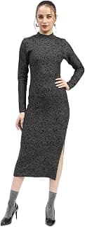 Madame Black Textured Bodycon Dress with Long Sleeves