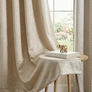 Urban Space 80-85% True Blackout Curtains for Window, Gold Foil Printed Blackout Curtain, Decorative Window Curtain Eyelet with Tieback, 1 Piece Curtain for Living Room(Sparkle Beige, 5 Feet)