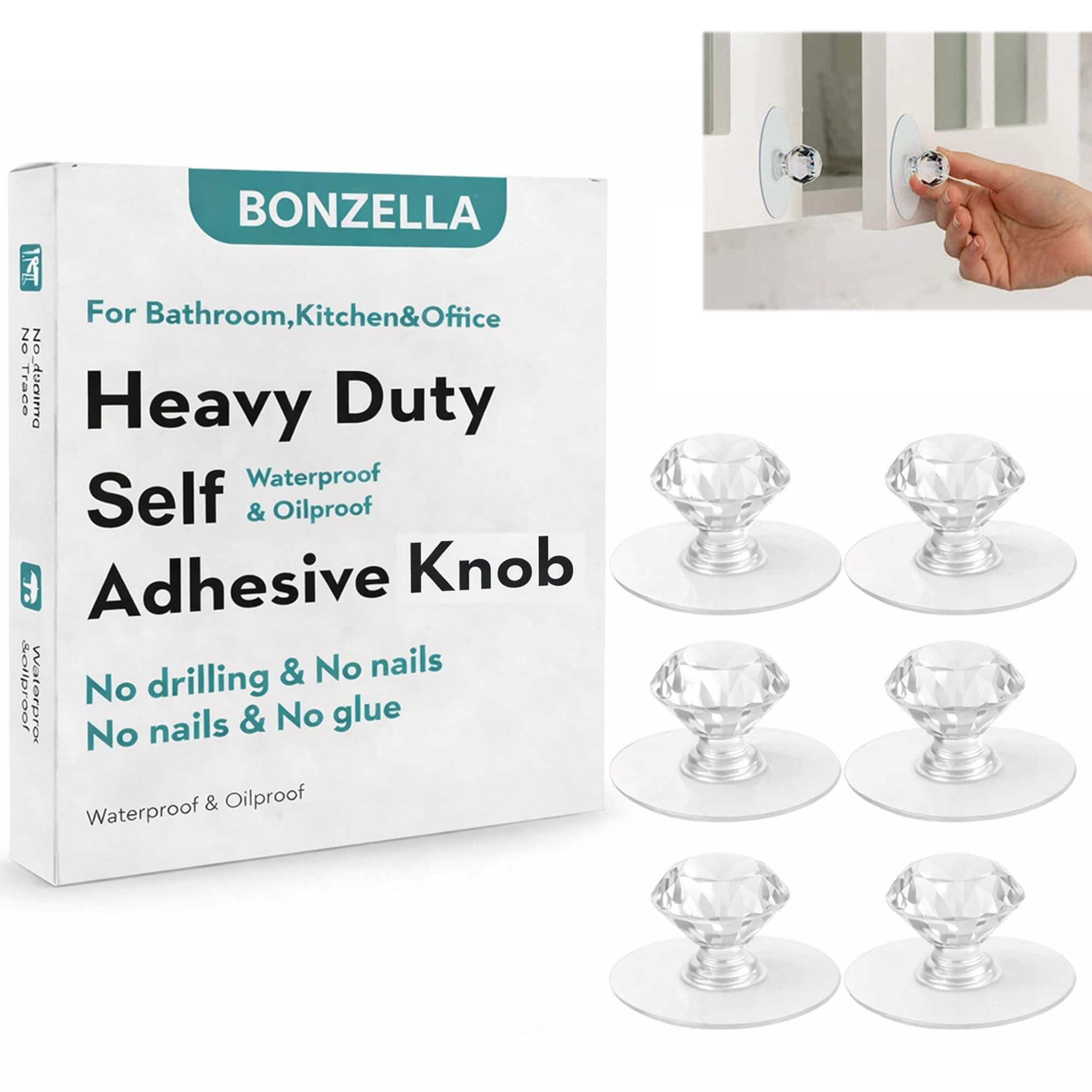 BONZELLA 6 Pcs Cabinet Drawer Pull Knobs, Diamond Crystal Shaped Drawer Pull Knobs for Home & Office, Self Adhesive Door Handle for Wardrobe, Kitchen, Cupboards & Dressers