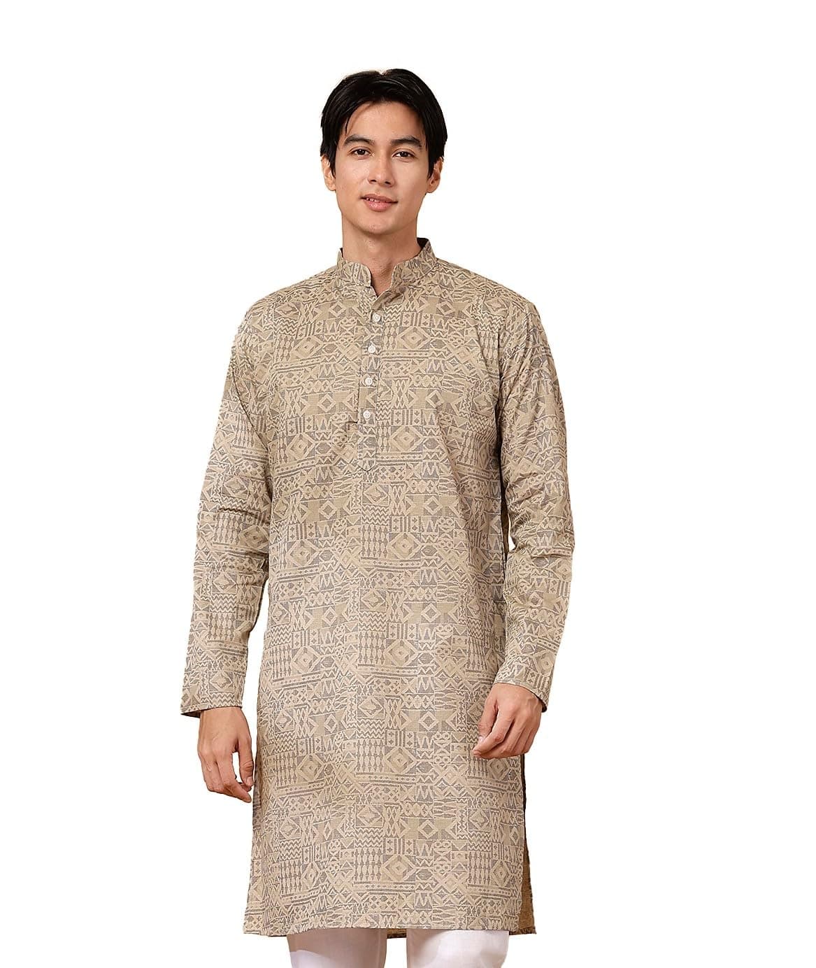 Majestic Man Men's Cotton Regular Fit Casual Mandarin Collar Ethnic Motifs Printed Long Regular Kurta