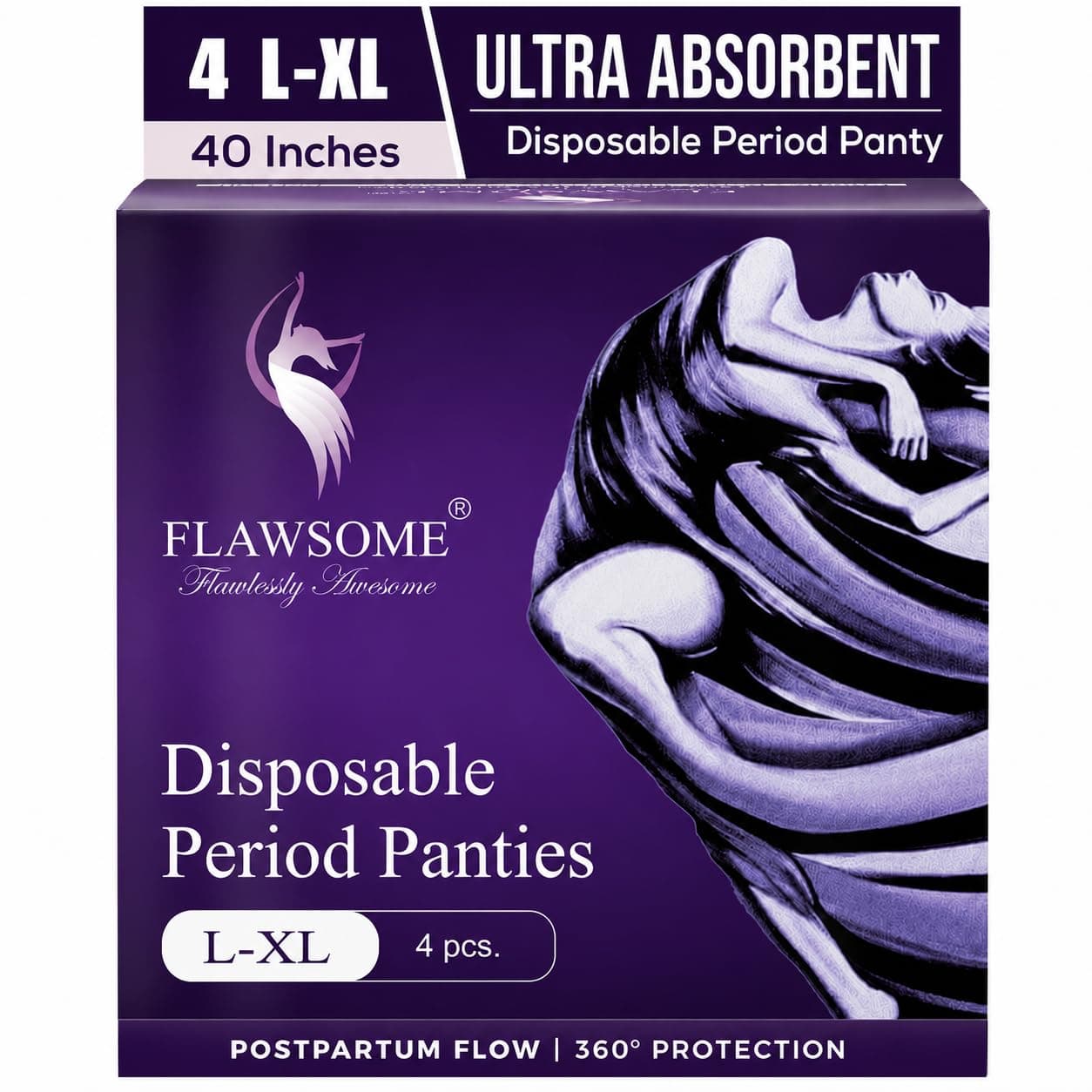 Flawsome Disposable Period Panty For Girls & Women, L-XL, 4 Pcs | 360 Degree Coverage, 0% Leaks, High Absorbency For Heavy Flow, Maternity Delivery Pads, Postpartum & Overnight Protection