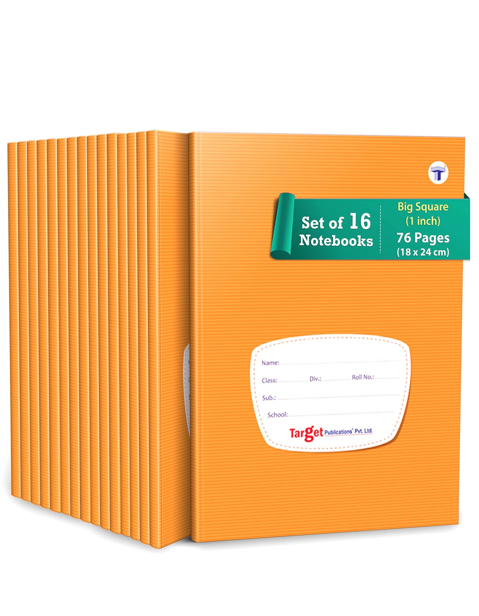 WOODSNIPE Soft Brown Cover Big Maths Square Ruled Notebooks | Square 1 inch | 76 Pages A5 Size |18 cm x 24 cm Approx |Pack of 16 Books | GSM 58