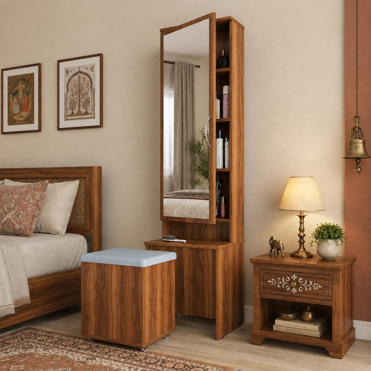 Studio Kook Berry Dressing Table with Mirror & Stool, Amber Walnut | Engineered wood unit with a 109 x 40 cm mirror, concealed shelves and cushioned storage stool on castors. Height: 179 cm.