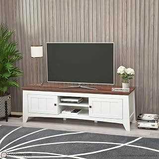 DecorNation Eden Wooden TV Unit Table - Two Compartments with Door, Walnut Finish Tabletop for Living Room, Bedroom, Office Furniture Stand (60 inch x 16 inch x 18 inch, White)