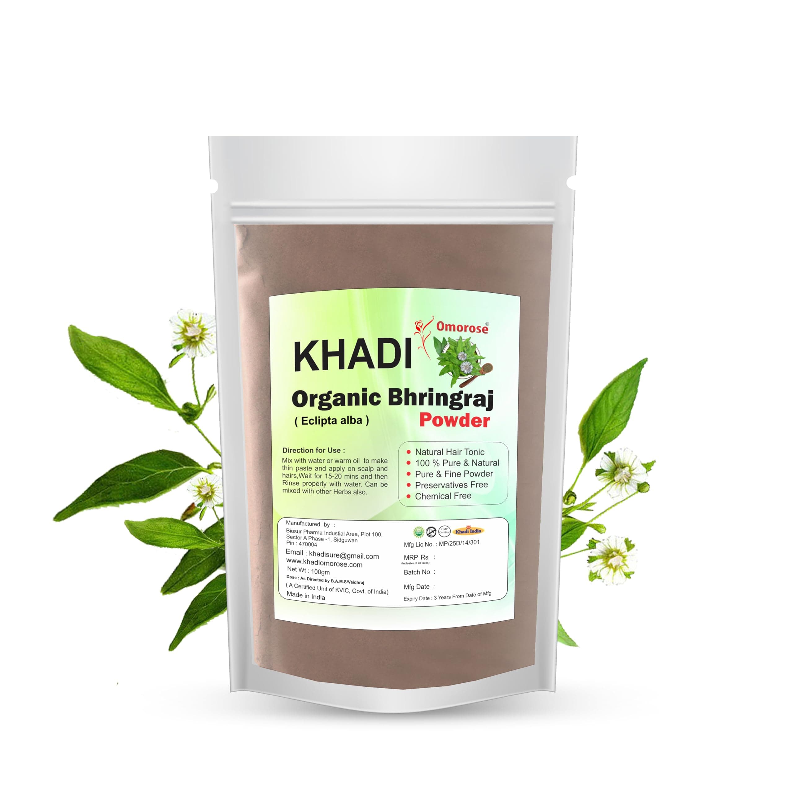 Khadi Omorose Bhringraj Powder for hair growth (100 Grams) | For Hair Mask and Eating | 100% Pure and Natural | No Chemical, No Preservatives