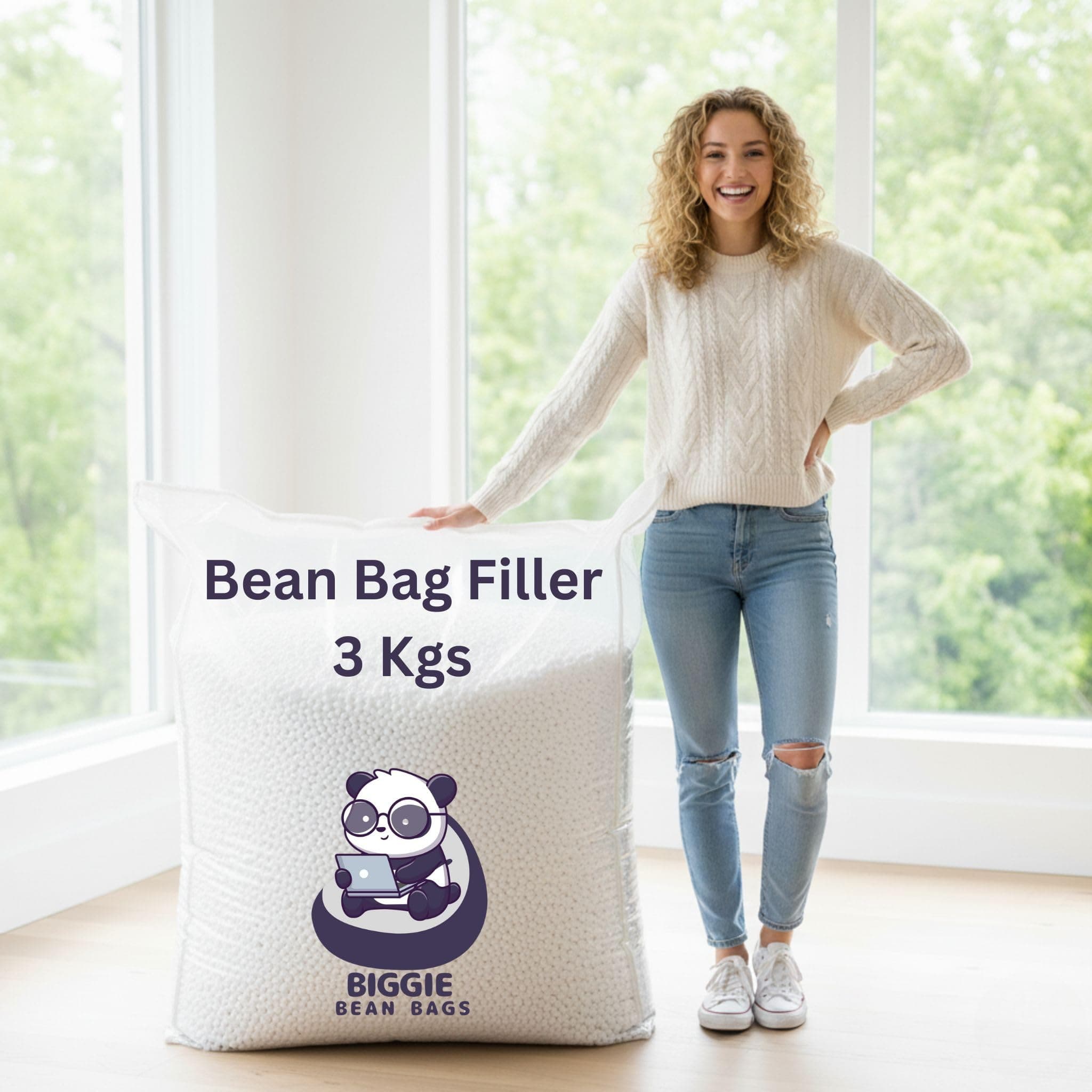 Biggie Bean Bag Filler 3 Kg | Virgin Polystyrene Beans Refill for Bean Bags | Lasts Up to 60% Longer | Weight Guarantee | Premium Cushioning Beads (White) for Bean Bag Refilling Only
