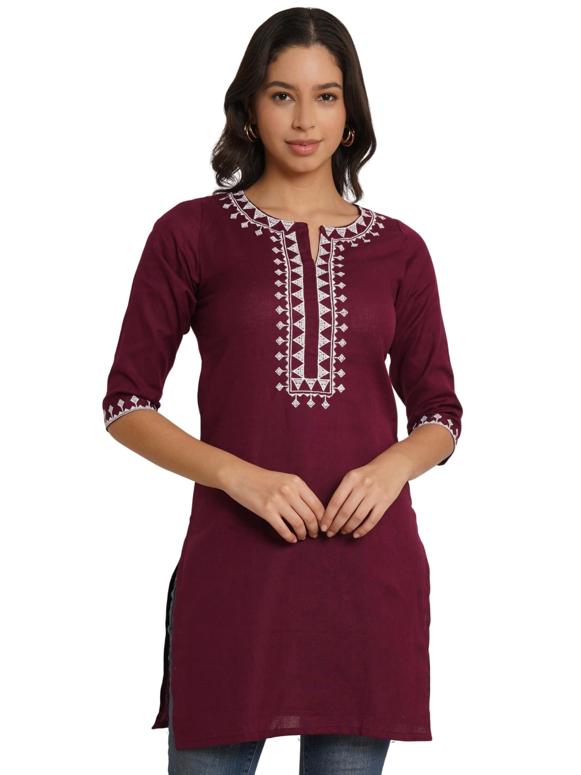 Brownverse Pure Cotton Embroidered Women Short Kurta