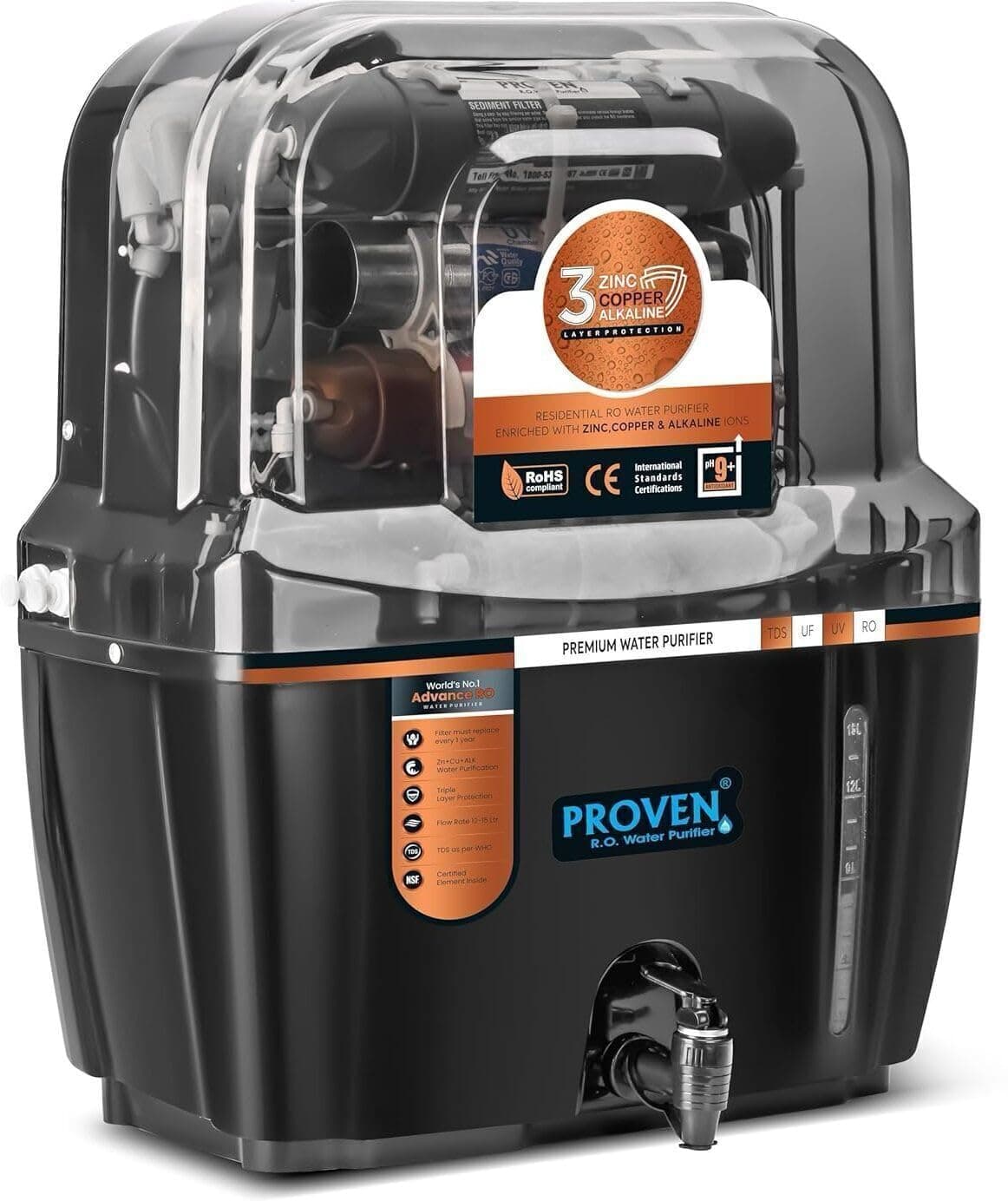 Proven Swift RO Water Purifier 12L & 15L RO+UV+UF Black | RO+UV+UF purification, TDS Adjuster, multi-stage filtration and Mineral & Alkaline water technology; 12L & 15L storage.