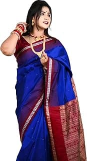 Sijileen Sambhalpuri Long Temple Border Patta Silk Saree Dark Royal Blue Color with attached Maroon color Blouse Piece Odisha Saree