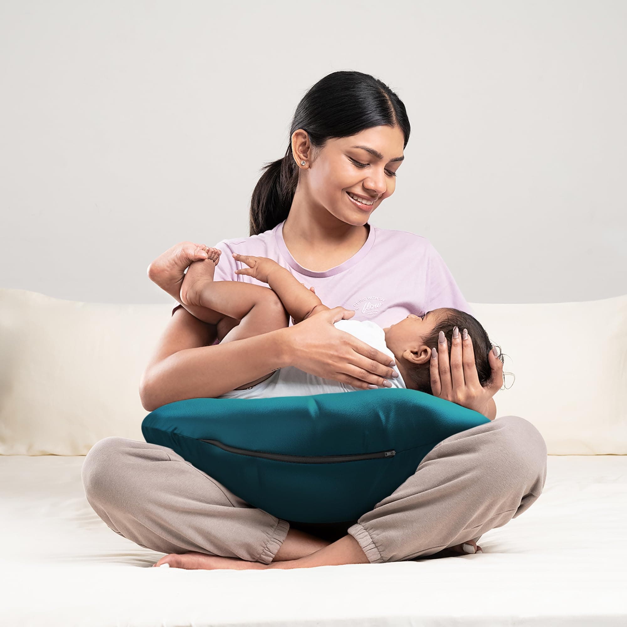 Wakefit Feeding Pillow for New Born Baby | 3 Months Warranty | 5 in 1 Nursing Pillow with Belt and Hoop for Breastfeeding with Velvet Removable Cover | Peacock Green