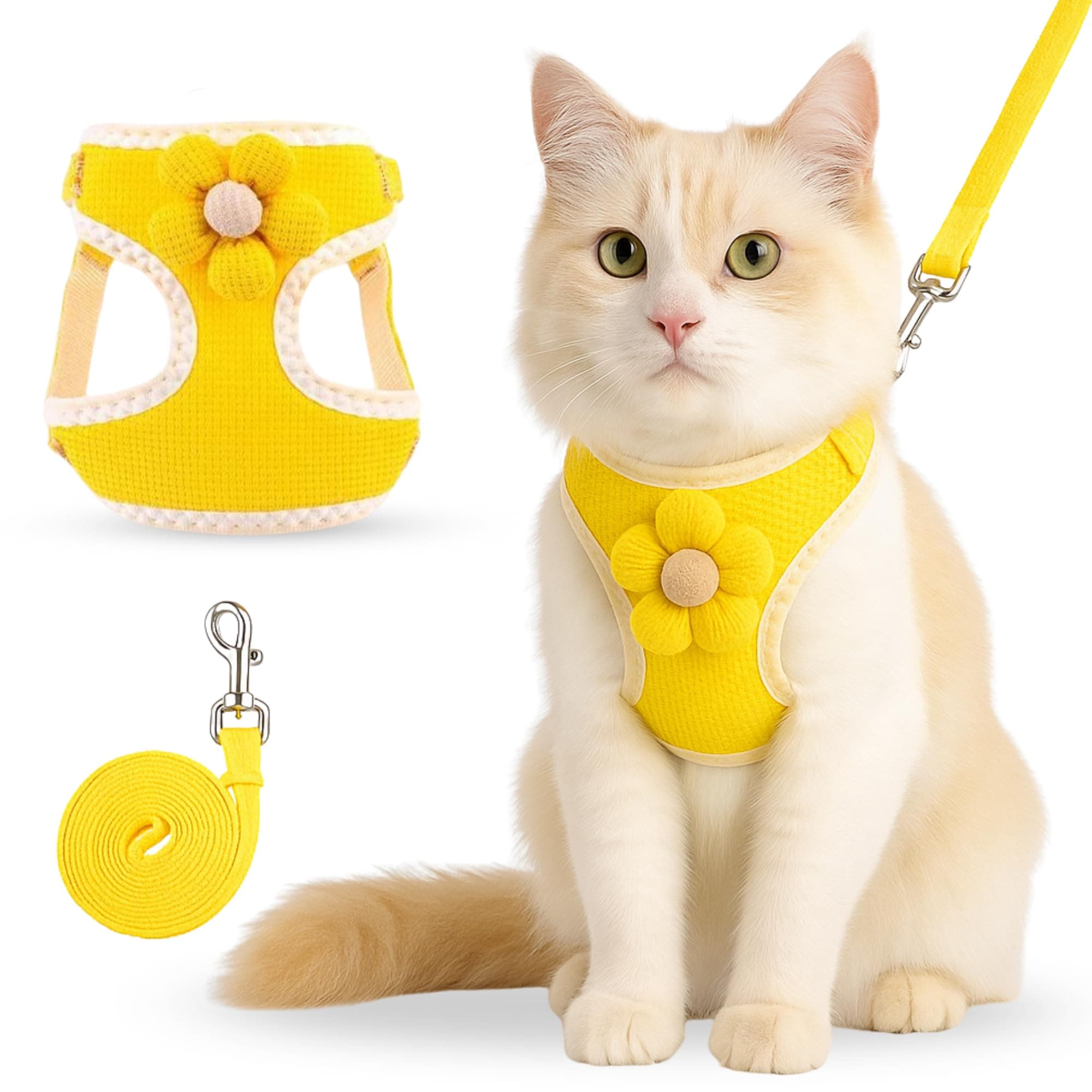 Yuppy Puppy Cat Harness with Leash - Adjustable Floral Vest Belt for Persian Cats & Small Pets - Soft Padded Escape Proof Cat Neck Belt for Outdoor Walks (Yellow, Medium (A:39-66cm, B:32-60cm))