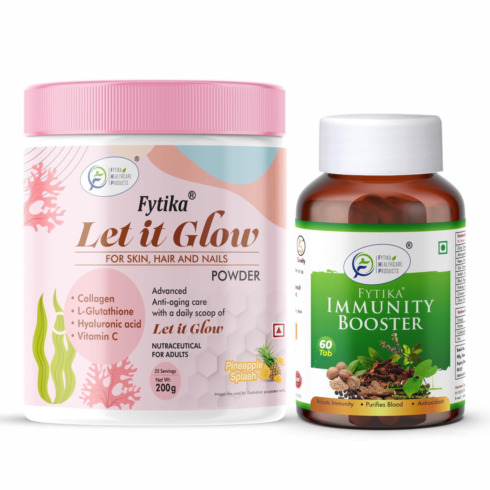 Fytika Let it Glow Pineapple, Collagen Powder-200G + Fytika Immunity Booster (Immune system support)-60 Tabs