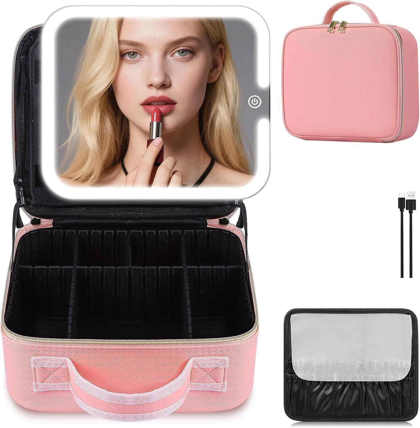 Gattica Makeup Bag with LED Mirror, Cute Cosmetic Bags Birthday Gifts for Girls Women, Makeup Train Case Artists Organizer Large Make Up Bags with Light Up Mirror 3 Color Lights (Pink)