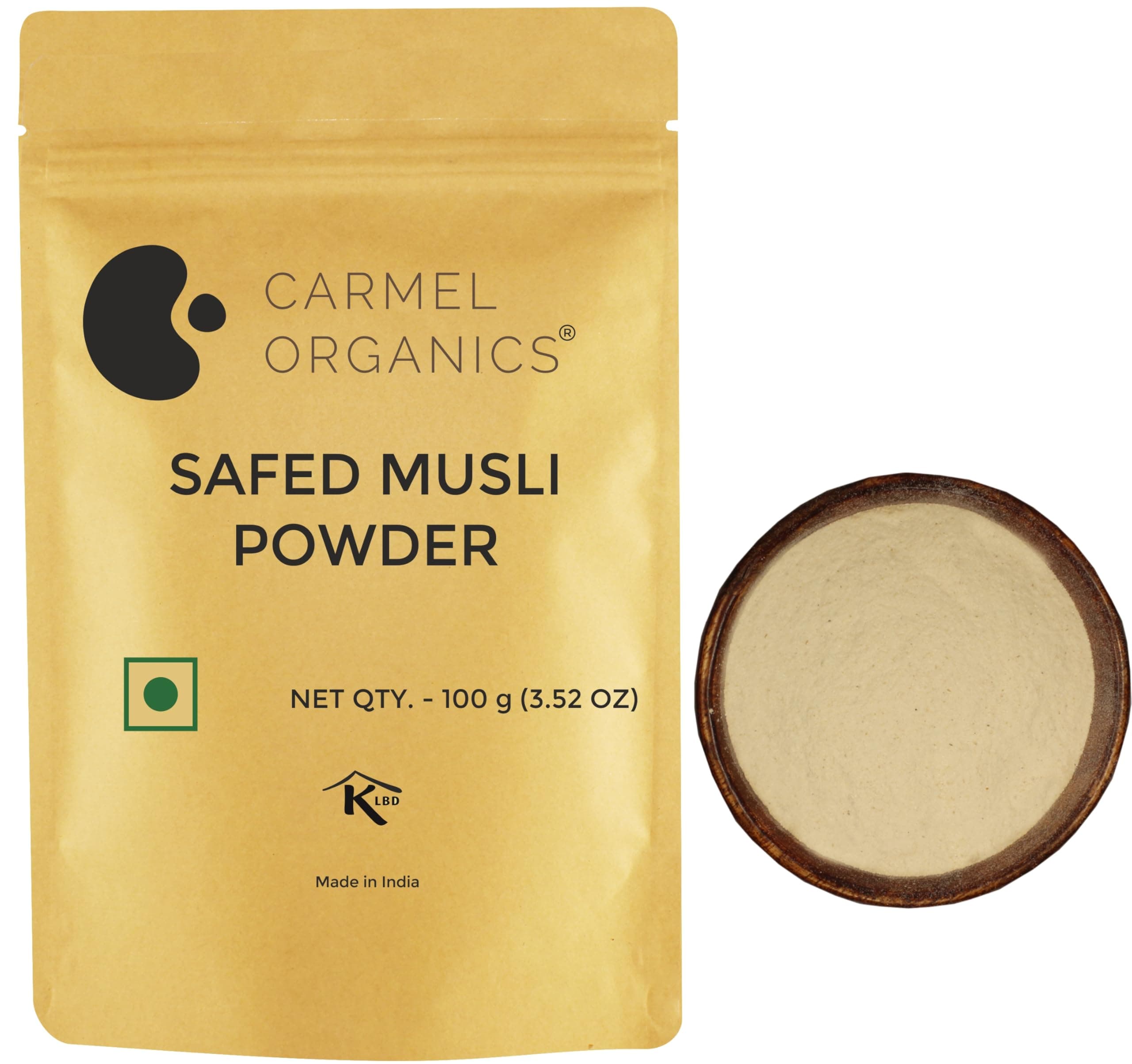 CARMEL ORGANICS Safed Musli Root Powder 100 Grams | Natural, Non-GMO, Chlorophytum Borivilianum, No Added Preservatives