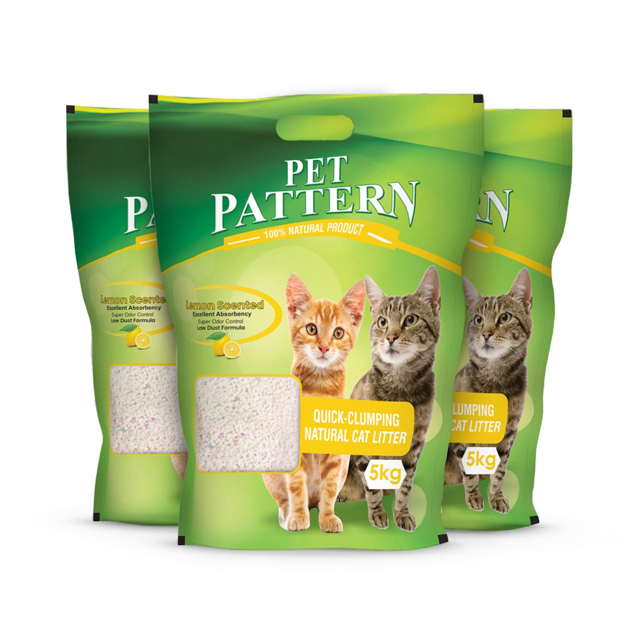 PET PATTERN CAT Litter Sand for CAT 15KG, 99.99% Dust Free, Odor Control Fast Clamping Natural Litter 15kg (5KG X 3 - Lemon) DogsNCats - Authorised Partner