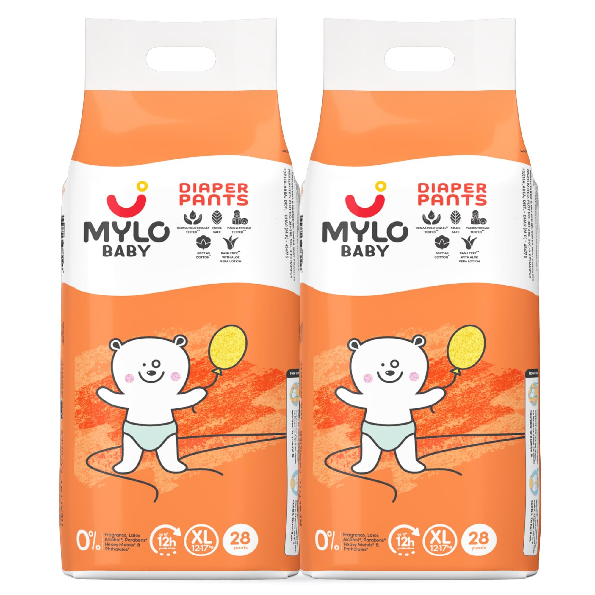 Mylo Baby Diaper Pants Extra Large (XL) Size 12-17 kgs (56 count) Leak Proof | Lightweight | Upto 12 Hours Protection | ADL Technology | with Aloe Vera Lotion (28 Count, Pack of 2)