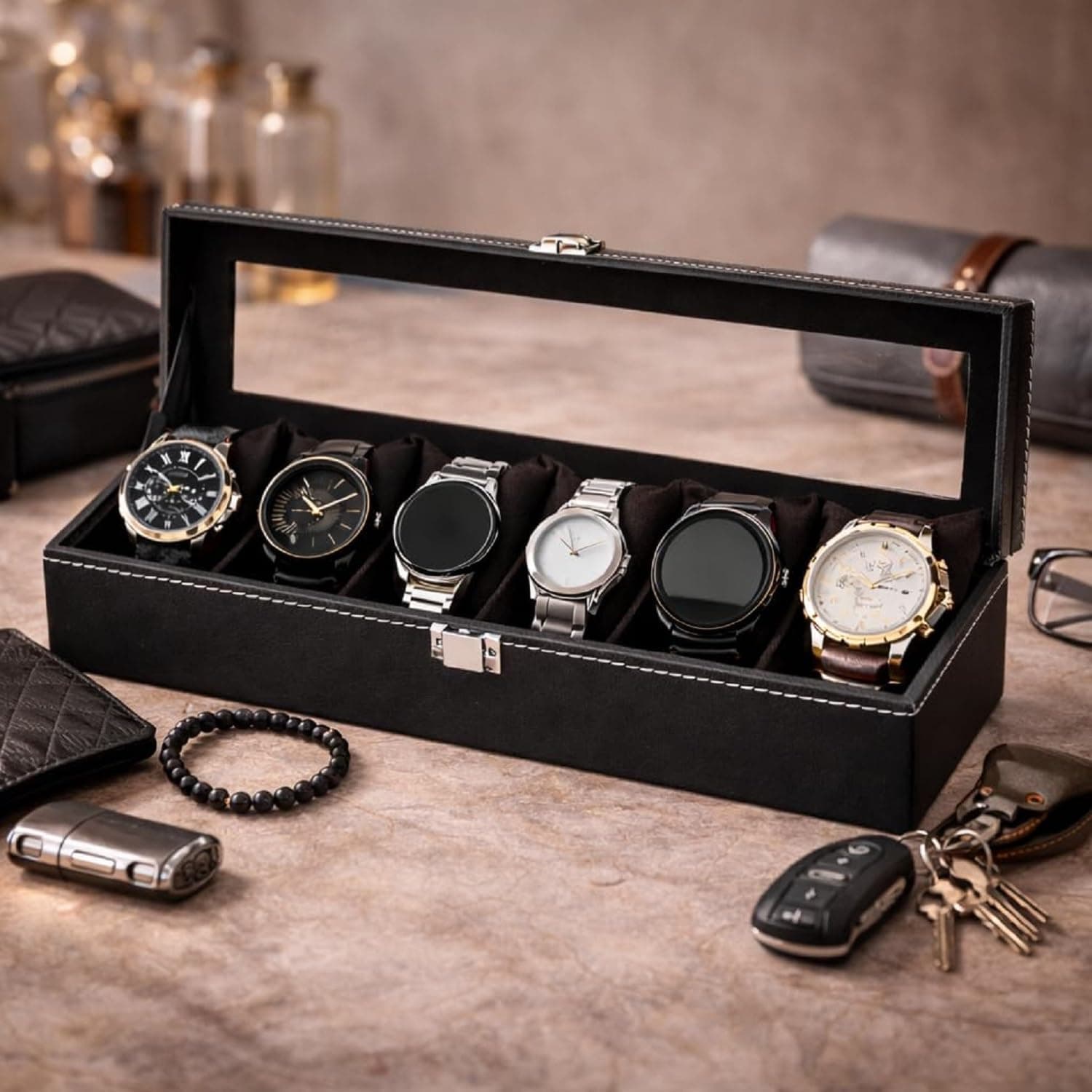 DA WOVN Watch Box Organizer for Men and Women, 6 Slots, Leatherette, Black, Gift Box