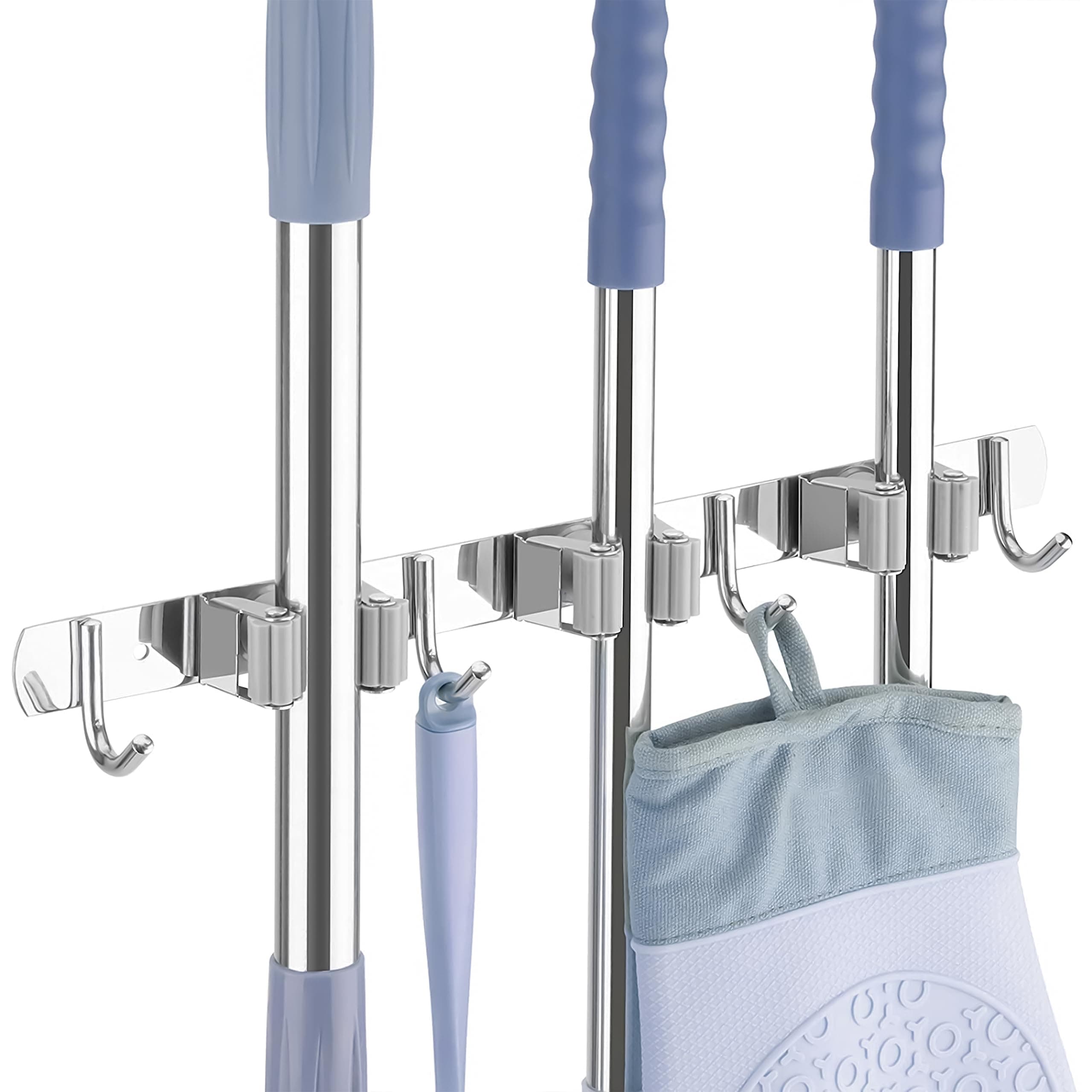 Livzing Mop Holder Stainless Steel - Wall Mount Broom Holder - Multipurpose Tool Organizer for Home, Garage, Kitchen and Storage room - Broomstick Hanger- Mop Holder for Wall (3 Slot-4 Hooks)