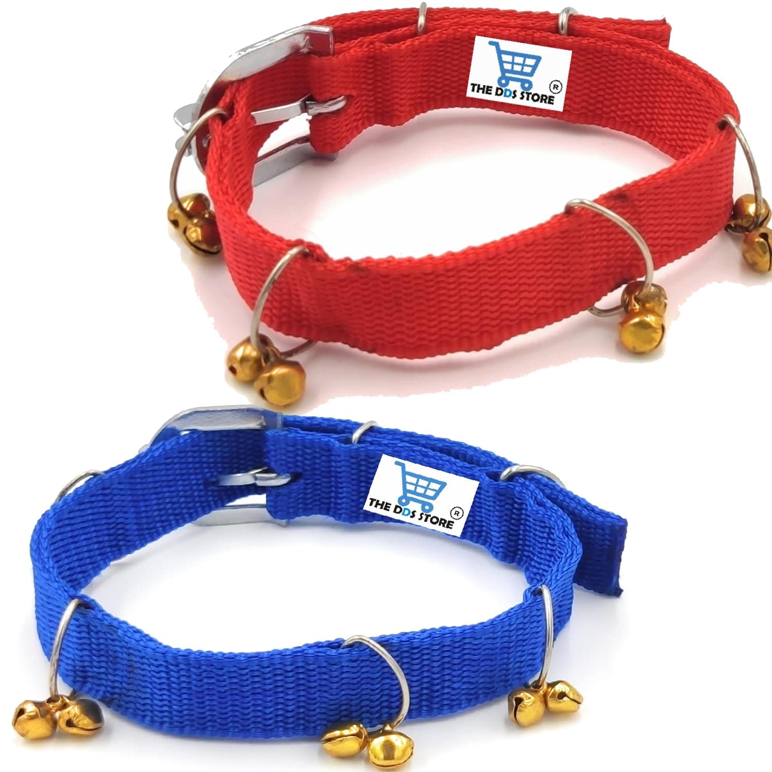 The DDS Store Nylon Dog Ghungroo Collar with Ghungroo Dog Collar Metal Jingle Bells Dog Bell Collar Pet Bells Collars Loud Dog Bells Puppy Dog Bell Collar (Large- 2 Pcs, Blue/RED)