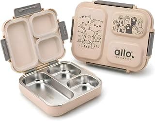 Allo Bento Stainless Steel Lunch Box for Kids- BIS Approved, 304 Stainless Steel 3 Compartment Leakproof Tiffin Box for Boys and Girls for School, Travelling, Baby Snacks, 740ml Beige Cats