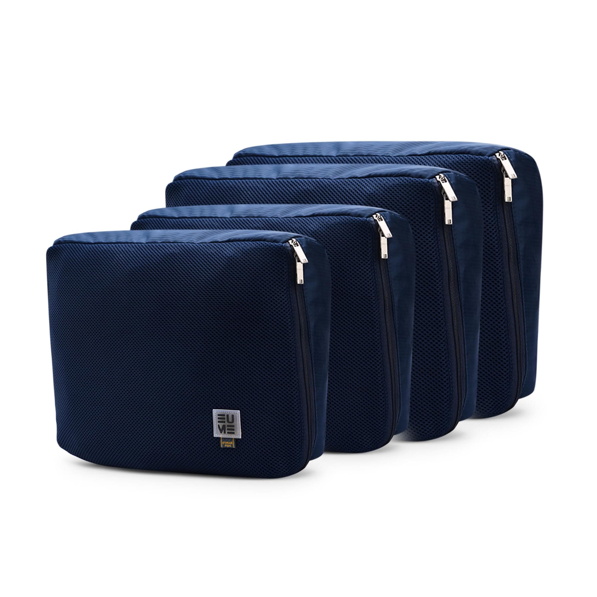 EUME Set of 4 Storage Pods - Travel Organiser Pouch| Durable Fits Into Pocket Cloth Organizer for Storage | Toiletry Bag for Men & Women | Spacious Organiser Bags for Clothes | (2M, 2L) Navy Blue
