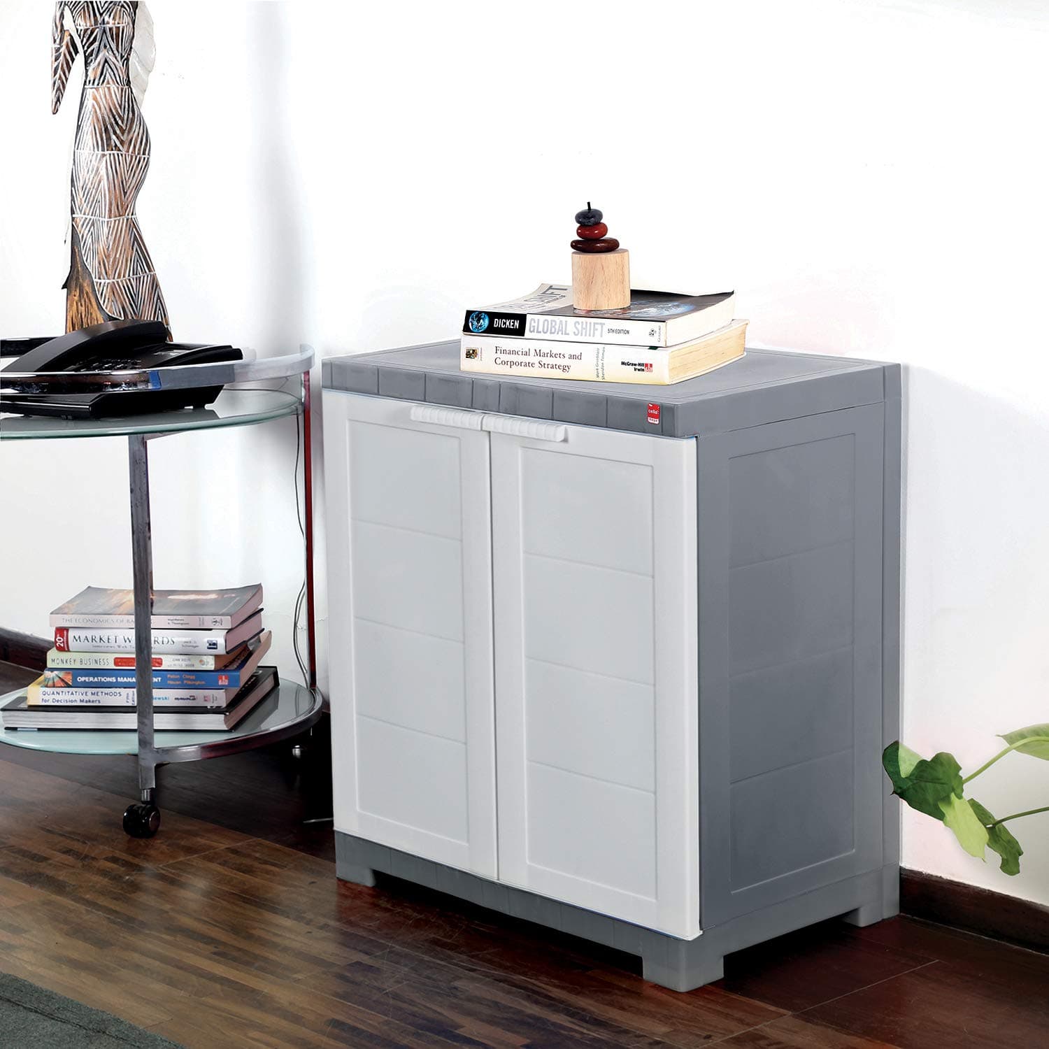 Cello Novelty Compact Plastic Cabinet with Dustproof Doors| 3 Year Warranty | Almirah, Cupboard, Wardrobe for Home, Living Room, Bedroom, Kitchen, Office, Outdoor| White & Grey Colour