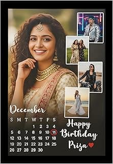 AARVI Customizable Birthday Photo Collage Frame, Black Background with Calendar, Customized/Personalized Happy Birthday With Names Customised Photo For Couple, Parents,Friend (A4)