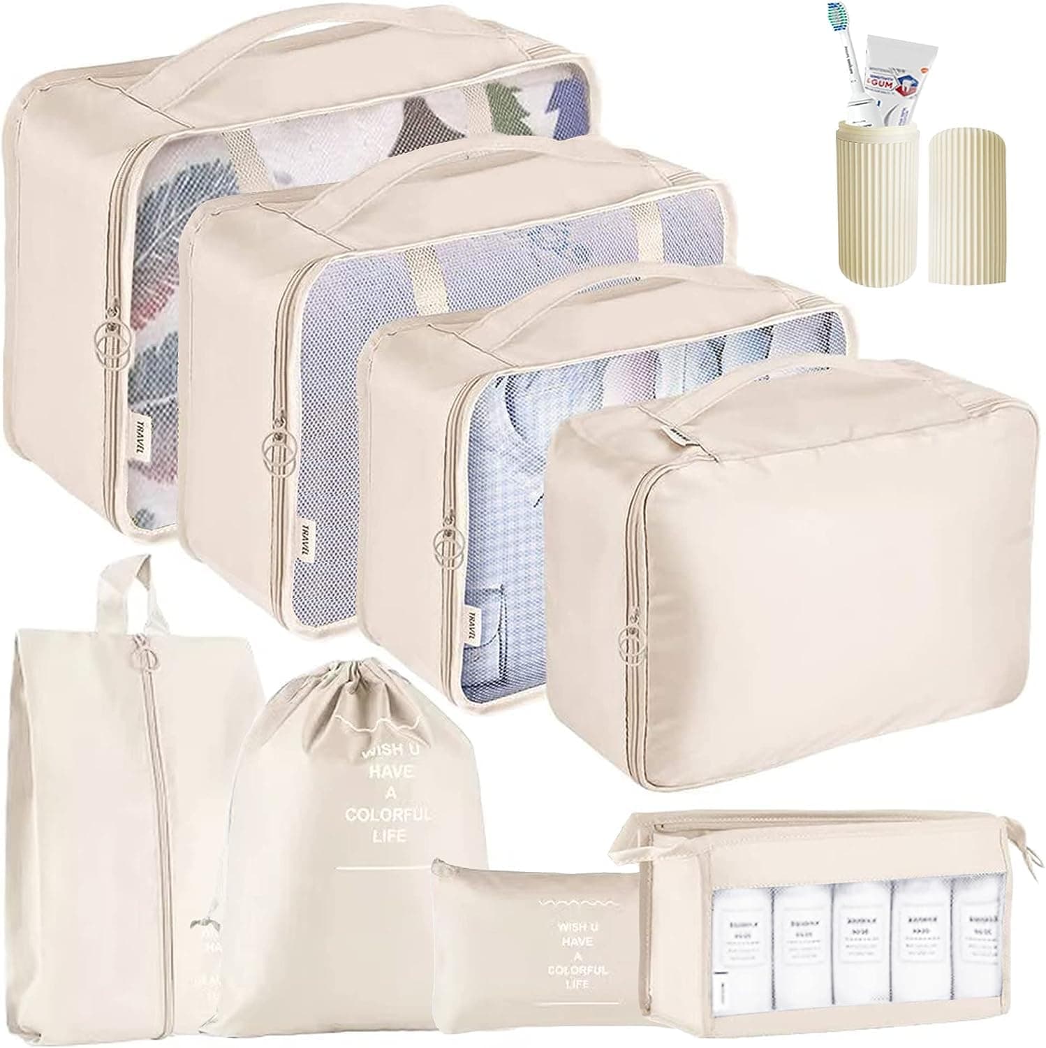 Oceanevo 9 Pcs Packing Cubes, Travel Luggage Organizer for Men and Women, Toiletry Bag, Packing Cubes for Travel With Tooth Brush Holder- Set of 9 - Beige