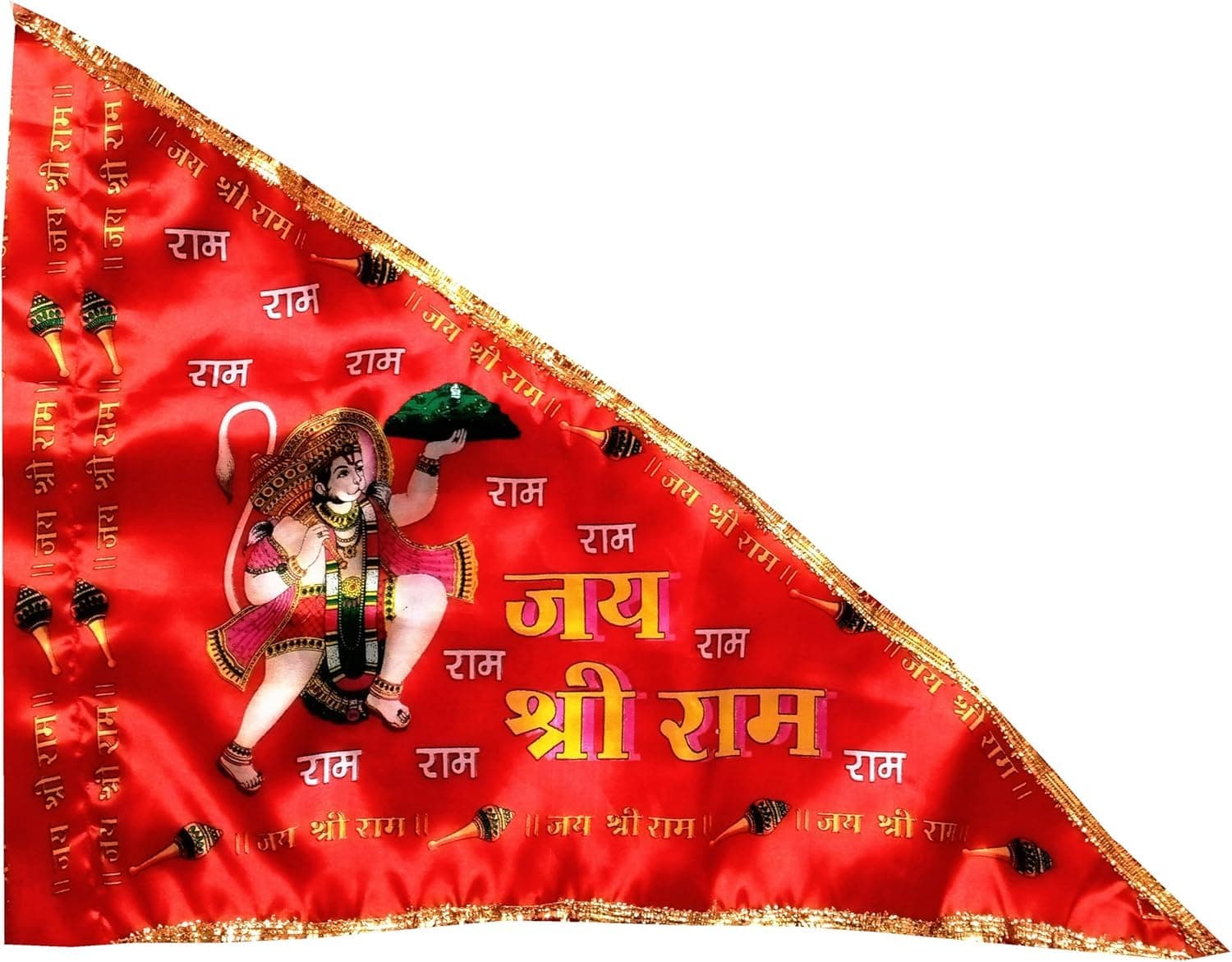 Shevin® Red Hanuman Ji Flag for Home Temple Jai Shree Ram Jhanda Triangle Outdoor/indoor with Gota Work Pataka for Home Navratri Dhwaj Pack of 1 Piece ||SC474