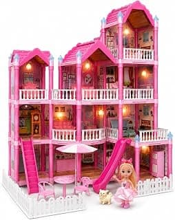 Villa Kids Doll House Playset – 3-Story Princess Dream Home with 258 PCS Furniture, Slide, Balcony & Garden | Pretend Play DIY Assembly Dollhouse Toy for Girls (Multicolor)