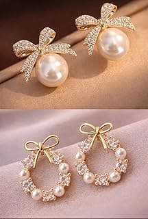 Generic TRENDY Korean Style Fashion Earrings Set, Pearl and Crystal Bow Design, Women's Jewellery Accessories, 2 Pairs
