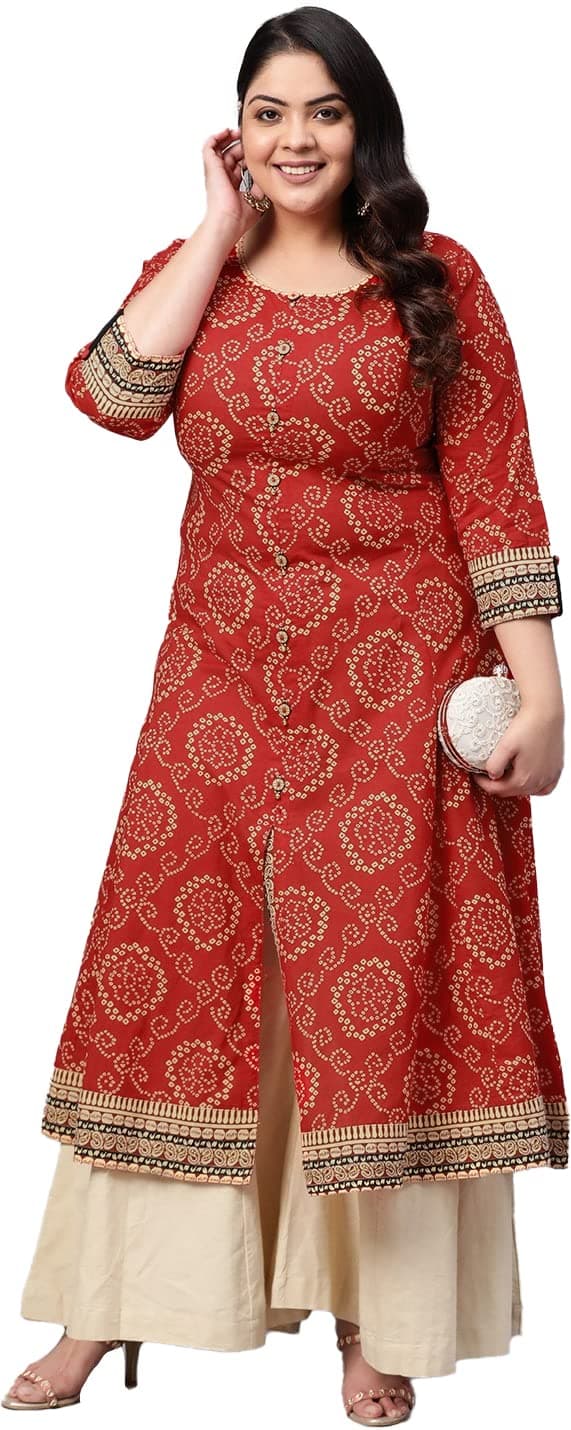 Yash Gallery Women's Plus Size Cotton Bandhej Printed Anarkali Kurta|Regular Fit
