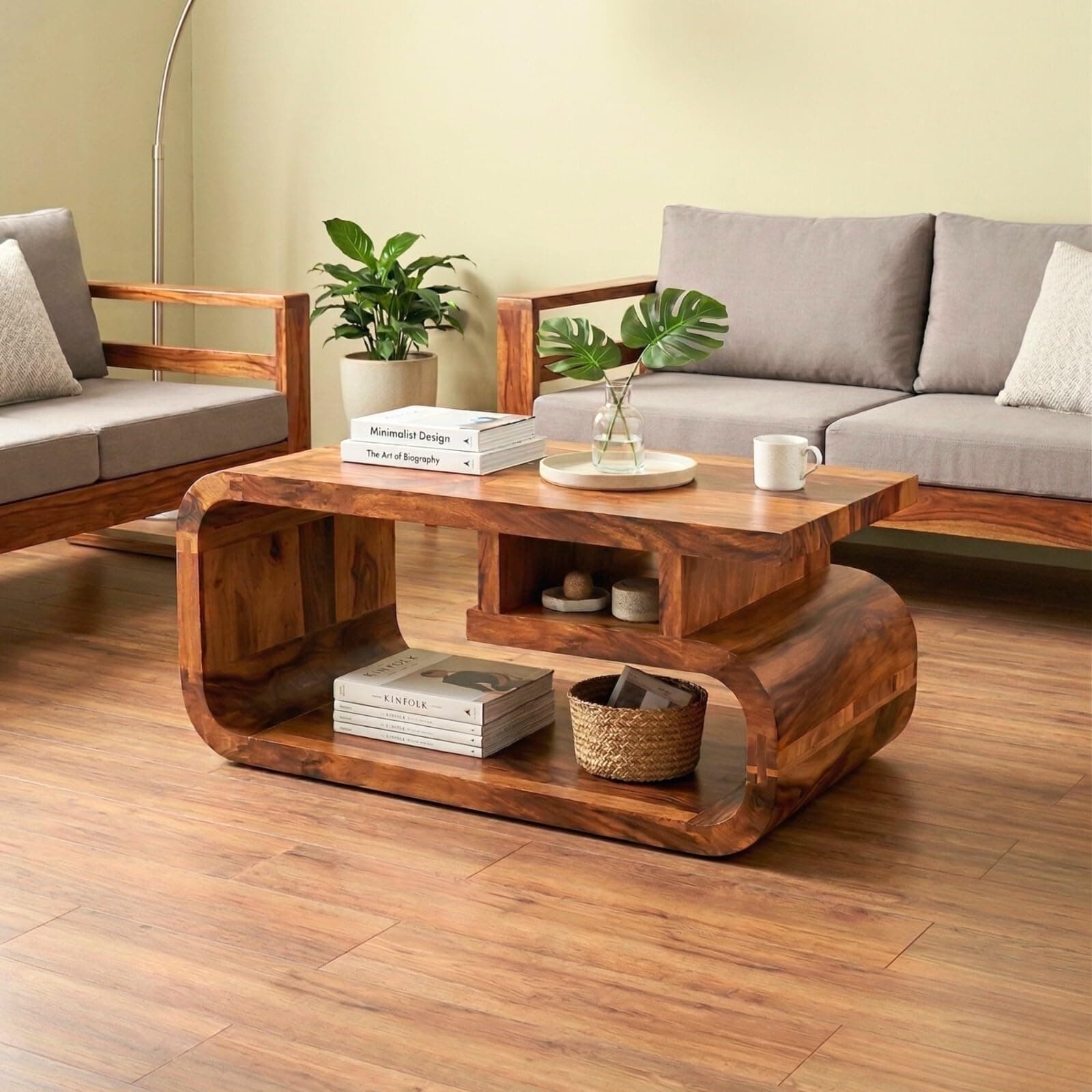 MODERN FURNITURE SHEESHAM Wooden Center Coffee Table for Living Room Home with Shelf Storage | Wooden Coffee Table | Center Table for Living Room | Tea Table | Natural Teak Finish