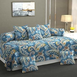 Cotton 8 Piece Diwan Set 1 Bed Sheet 2 Bolster Cover 5 pcs Cushion Cover (Light Blue)