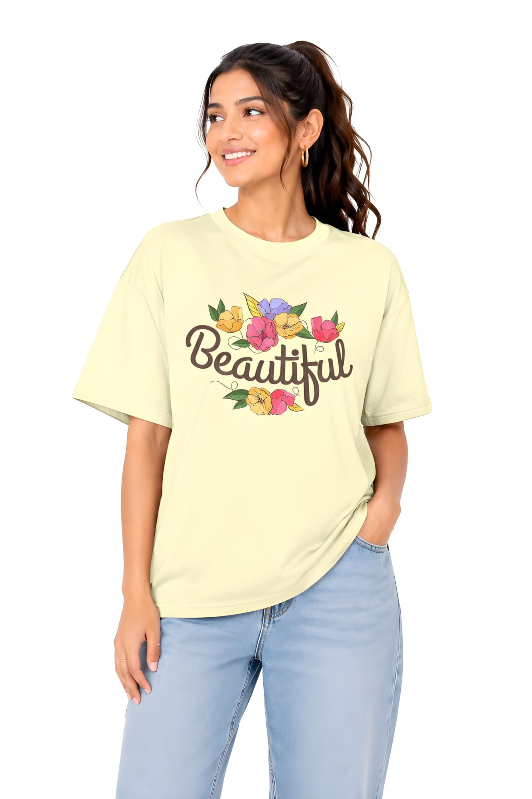 Amazon Brand - Anarva Women Oversized Graphic Printed T Shirt 100% Cotton Drop Shoulder Loose Fit Baggy Casual Tshirt for Girls