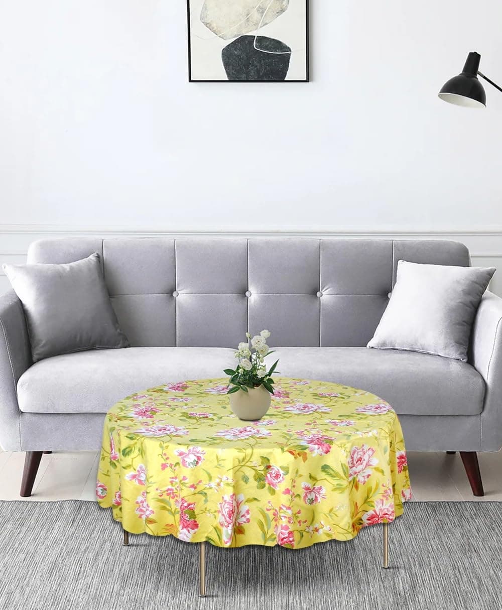 Stylista Cotton Round Center Table Cover (WxL 30x30) in Inches - Floral Pink Rose on Yellow Base