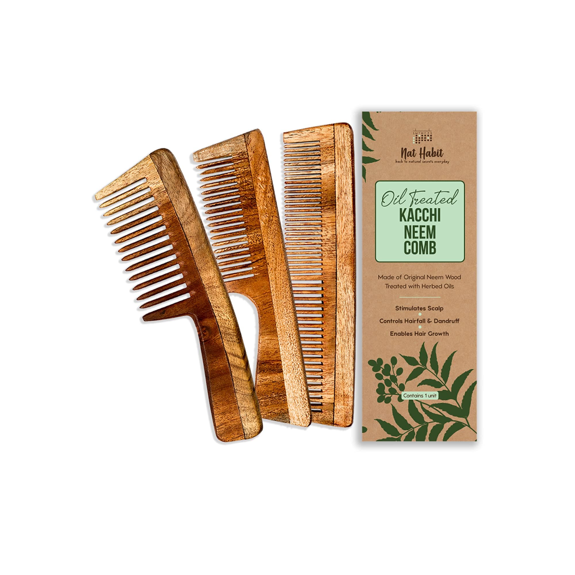 Nat Habit Kacchi Neem Wooden Comb, Soaked In 13 Herbs, Neem & Sesame Oil for Multi-Actions - Detangling, Frizz Control & Shine (Dual Tooth, Fine Tooth & Wide Tooth) Combo Pack of 3