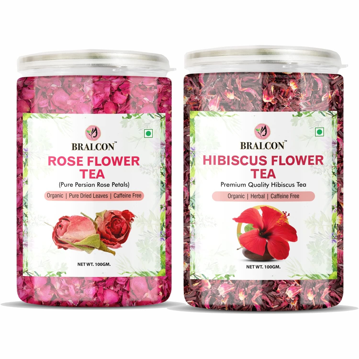 BRALCON Natural Herbal Tea Combo Pack - Hibiscus and Rose Flower 200g (100g x 2 Pack) | Caffeine Free | Premium Leaves | for Iced Tea, Cocktails | Improve Digestion