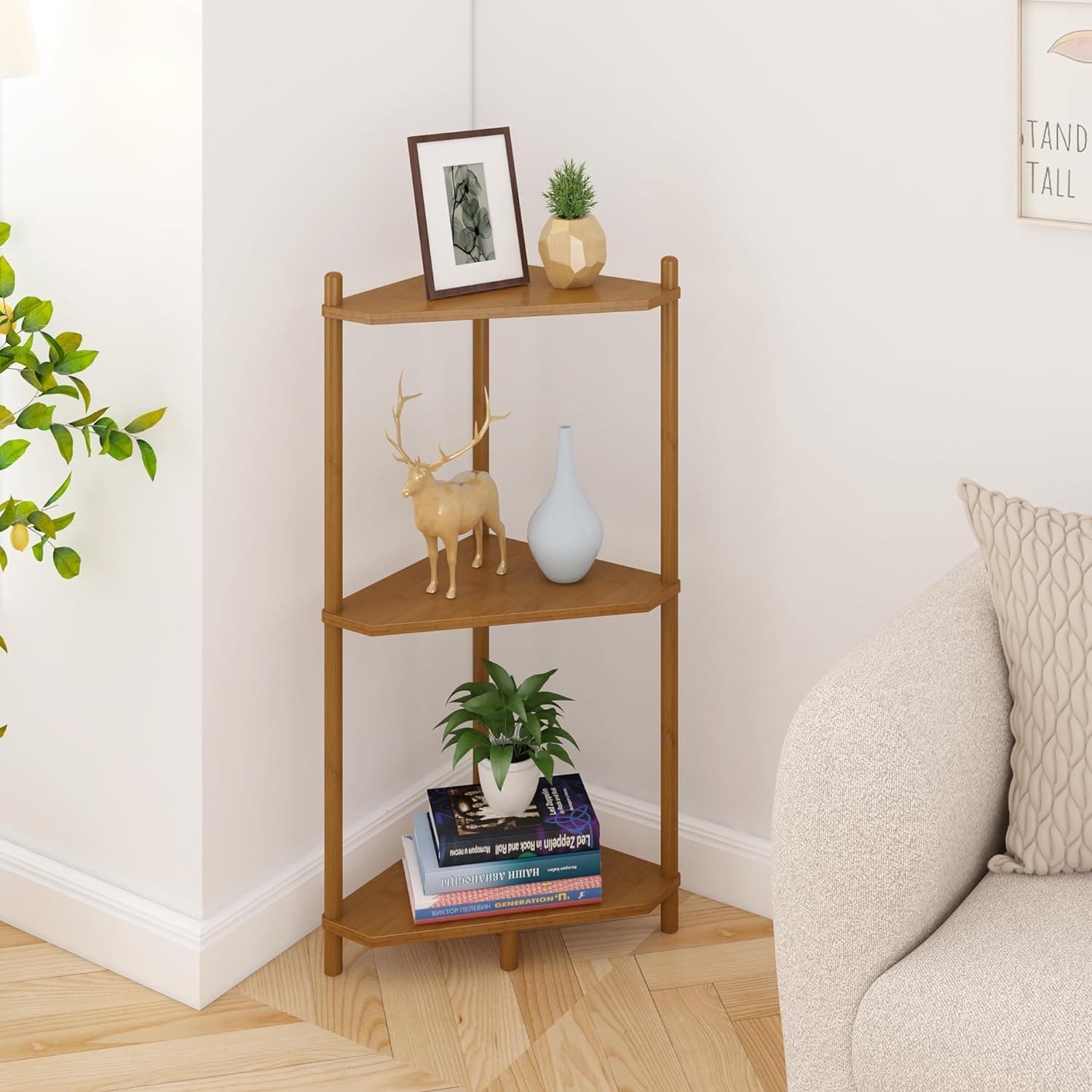 AALIYA MART Wooden Corner Shelf 3-Tier Foldable Corner Stand for Office, Modern Storage Rack or End Table for Living Room Bedroom (Brown)
