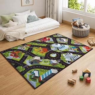 Kids Play Area Rug | 100x150 cm | Green Kids Track Adventure Design | Soft Nylon Loop Pile Carpet with Anti-Slip Backing | Children’s Play, Bed & Classroom Floorings