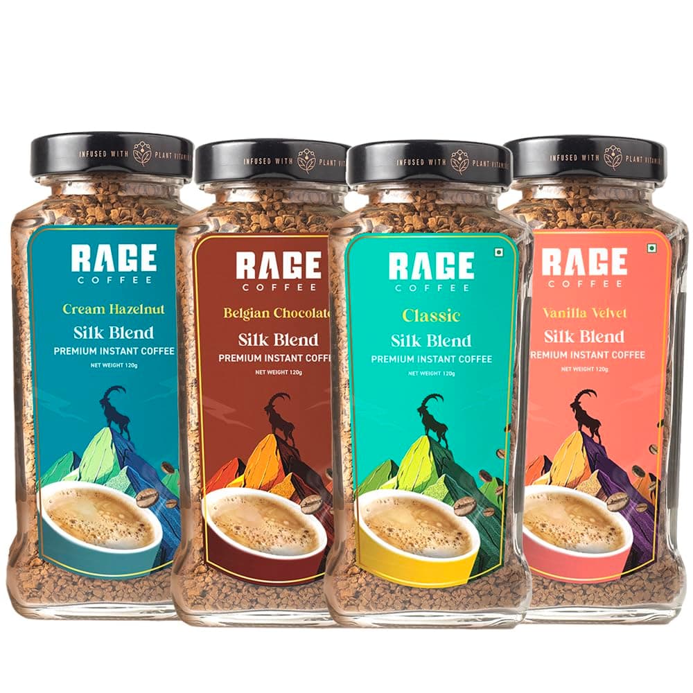 Rage Coffee Silk Blend Instant Coffee Combo Pack of 4 | Classic, Belgian Chocolate, Creamy Hazelnut & Vanilla Velvet | Premium Bold & Smooth Flavors | 120g Each Jar | 100% Arabica | Hot & Cold Brew - 480g