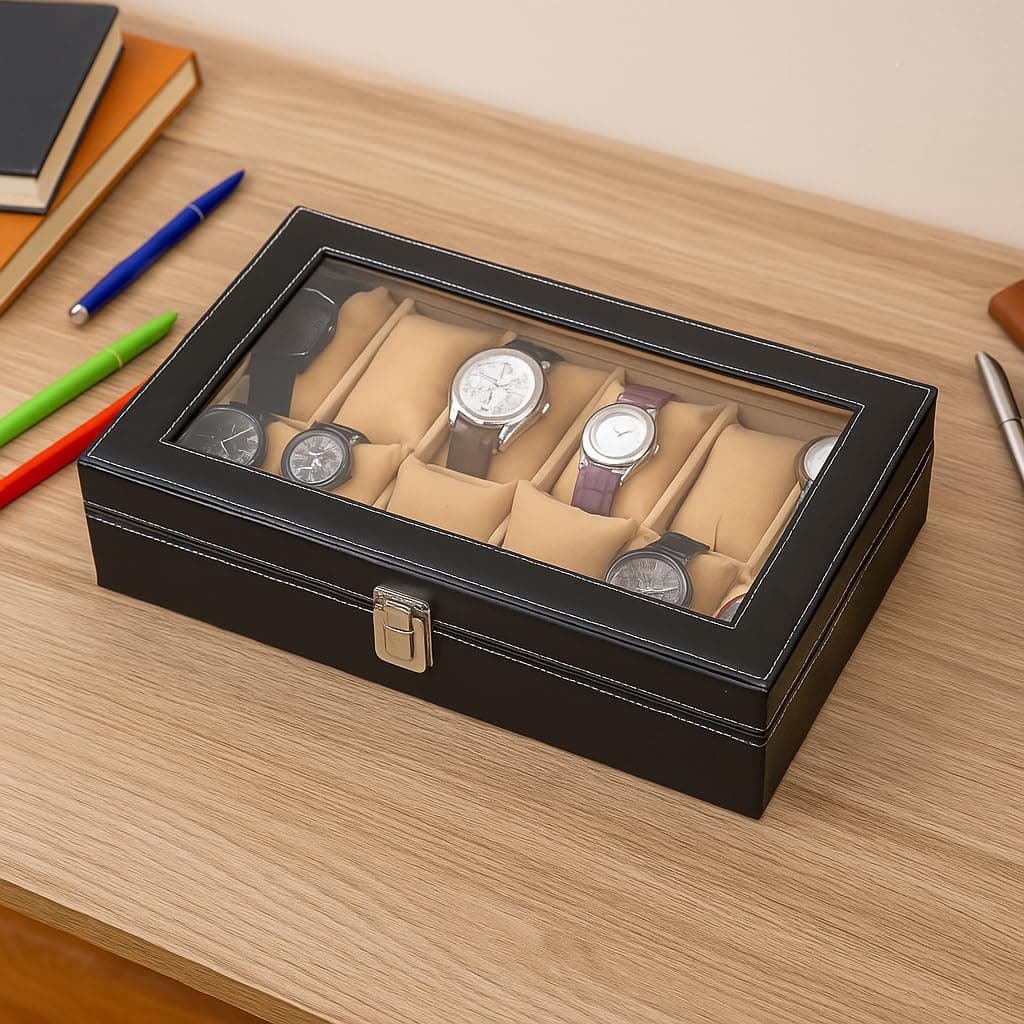 ZENWOOD 12-Slot Watch Box – Black Leatherette with Beige Velvet | Glass Lid & Removable Pillows | Unisex Organizer Gift